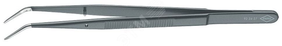 Пинцет захватный прецизионный с направляющим штифтом тонкие зазубренные губки под 45° L-155 мм пружинная сталь чёрная матовая лакировка KN-923437 KNIPEX