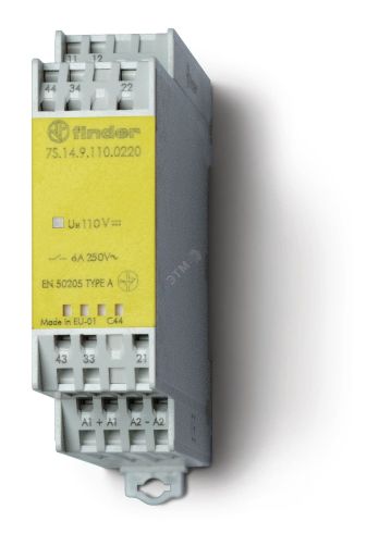 Реле безопасности модульное электромеханическое (реле с принудительным управлением контактами) SIL2, 1NO+1NC 6A, контакты AgNi+Au, катушка 230В AC, ширина 22.5мм, степень защиты IP20 7S1282305110 FINDER