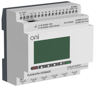 Модуль микро ПЛК . Расширяемая версия. Со встроенным экраном. 12 дискретных входов (4 как 0-20мА, 4 как 0-10В, 4 до 60кГц), 6 транзисторных выходов (2 до 10кГц). RTC. SD карта. RS485. Ethernet. Напряжение питания 24В DC PLR-M-CPU-18T00ADC ONI