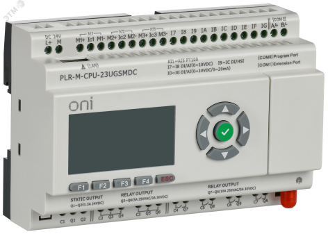 Микро ПЛК ONI. Расширяемая версия. Со встроенным экраном. 10 дискретных входов (4 как U/I, 2 как 0-10В, 4 до 60кГц), 2 транзисторных выхода до 10кГц, 8 релейных выходов. RTC. SD карта. RS485. Ethernet. GSM/LTE. Напряжение питания 24В DC PLR-M-CPU-23UGSMDC
