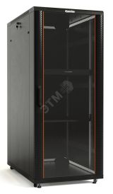 Шкаф напольный 19-дюймовый 18U 988x600х800 мм (ВхШхГ) передняя и задняя распашные перфорированные двери (75%) ручка с замком крыша нового типа цвет черный (RAL 9004) (разобранный) 395973 Hyperline