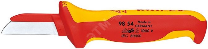 Нож для кабеля VDE 1000V пластиковый обух на лезвии для предупреждения КЗ L-190 мм диэлектрический 2-компонентная рукоятка KN-9854 KNIPEX