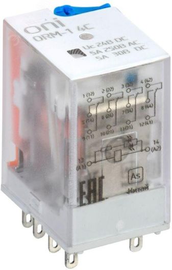 Реле интерфейсное ORM 4C 24В DC со светодиодом и тестовой кнопкой ORM-1-4C-DC24V-L-B ONI