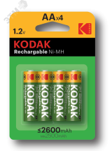 Аккумуляторы NiMH (никель-металлгидридные) Kodak HR6-4BL 2600mAh [KAAHR-4] (80/640/15360) Б0007871 KODAK