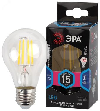 Лампа светодиодная F-LED A60-15W-840-E27 (филамент, груша, 15Вт, тепл, Е27) (10/100/1500) Б0046983 ЭРА