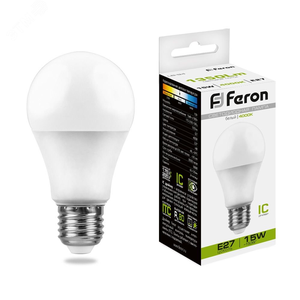 Лампа светодиодная LED 15вт Е27 белый 25629 FERON