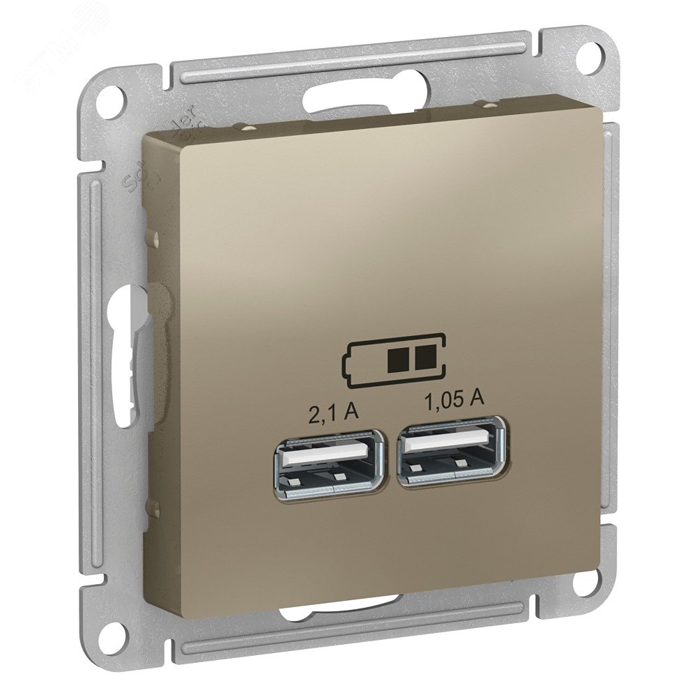 Розетка ATLASDESIGN USB 5В 1 порт x 2,1 А 2 порта х 1,05 А механизм шампань ATN000533 Systeme Electric
