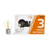 Лампа светодиодная филаментная LED 5.5 Вт 510 лм 2700К AC180-240В E27 шар P45 теплая (промоупаковка 3 лампы) Basic Gauss 1051216T GAUSS