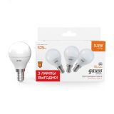 Лампа светодиодная LED 5.5 Вт 525 лм 3000К AC180-240В E14 шар P45 теплая (промоупаковка 3 лампы) Basic 10531152T GAUSS