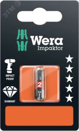 Бита ударная 851/1 IMP DC Impaktor PH SB алмазное покрытие хвостовик 1/4 C 6.3 PH 2 x 25 мм с держателем-еврослот WE-073916 Wera