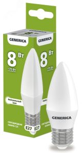 Лампа светодиодная C35 свеча 8Вт 230В 4000К E27 GENERICA LL-C35-08-230-40-E27-G IEK