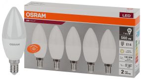 Лампа светодиодная LED 7 Вт E14 3000К 560Лм свеча 220 В (замена 60Вт) OSRAM упаковка 5 шт 4058075577923 LEDVANCE
