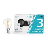 Лампа светодиодная филаментная LED 5.5 Вт 530 лм 4100К AC180-240В E14 шар P45 нейтральный (промоупаковка 3 лампы) Basic 1051126T GAUSS