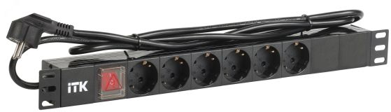 Блок розеток (PDU) 6 розеток DIN49440 с LED выключателем 1U шнур 2м вилка DIN49441 профиль из ПВХ черный (нем.станд) PH12-6D1-P ITK