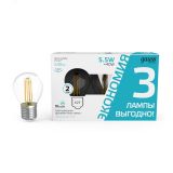 Лампа светодиодная филаментная LED 5.5 Вт 530 лм 4100К AC180-240В E27 шар P45 нейтральный (промоупаковка 3 лампы) Basic Gauss 1051226T GAUSS