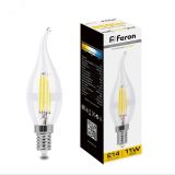 Лампа светодиодная LED 11вт Е14 теплый свеча на ветру FILAMENT 38010 FERON