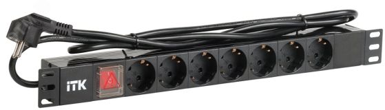 Блок распределения питания PDU 7 розеток DIN49440 с LED выключателем 1U шнур 2м вилка профиль из ПВХ черный (нем.станд) PH12-7D1-P ITK