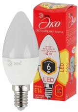 Лампа светодиодная ECO LED B35-6W-827-E14 (диод, свеча, 6Вт, тепл, E14 (10/100/3500) Б0020618 ЭРА