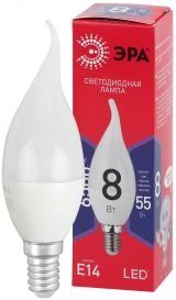 Лампа светодиодная LED BXS-8W-865-E14 R (диод, свеча на ветру, 8Вт, хол, E14) (10/100/2800) Б0045345 ЭРА