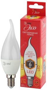 Лампа светодиодная ECO LED BXS-6W-827-E14 (диод, свеча на ветру, 6Вт, тепл, E14 (10/100/4000) Б0040881 ЭРА