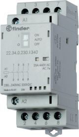 Контактор модульный 3NO+1NC 25А контакты AgSnO2 катушка 12В АС/DC 35мм IP20 переключатель Авто-Вкл-Выкл+механический индикатор/LED 223400124740 FINDER