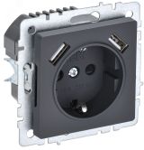 BRITE Розетка 1 пост с заземлением с защитными шторками 16А с USB A+A 5В 3,1А РЮш10-2-БрГ графит BR-R14-16-U21-D31-K53 IEK