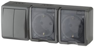 Блок две розетки+выключатель двойной IP54, 16A(10AX)-250В, ОУ, Эра Эксперт, серый, 11-7404-03 Б0027676 ЭРА