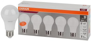 Лампа светодиодная LED 10 Вт E27 4000К 800Лм груша 220 В (замена 75Вт) OSRAM упаковка 5 шт 4058075577749 LEDVANCE
