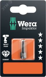 Бита ударная под внутренний квадрат 868/1 IMP DC Impaktor Robertson SB алмазное покрытие хвостовик шестигранный 1/4 C 6.3 # 2 x 25 мм с держателем-еврослот для подвеса WE-073931 Wera