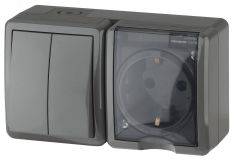 Блок розетка+выключатель двойной IP54, 16A(10AX)-250В, ОУ, Эра Эксперт, серый, 11-7402-03 Б0020736 ЭРА