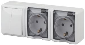 Блок две розетки+выключатель двойной IP54, 16A(10AX)-250В, ОУ, Эра Эксперт, белый, 11-7404-01 Б0027675 ЭРА