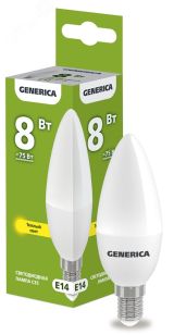 Лампа светодиодная C35 свеча 8Вт 230В 3000К E14 GENERICA LL-C35-08-230-30-E14-G IEK