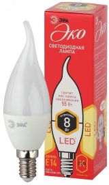 Лампа светодиодная ECO LED BXS-8W-827-E14 (диод, свеча на ветру, 8Вт, тепл, E14 (10/100/2800) Б0040883 ЭРА