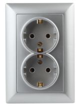 Розетка Intro Solo 4-208-03 с заземлением двойная 2X2P+E Schuko со шторками, 16А-250В, IP20, СУ, алюминий Б0053699 ЭРА