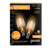 Лампа светодиодная LED 5вт 230в E14 FILAMENT теплый свеча ПРОМО (2 лампы в упаковке) 103801105P GAUSS