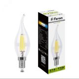 Лампа светодиодная LED 11вт Е14 белый свеча на ветру FILAMENT 38012 FERON