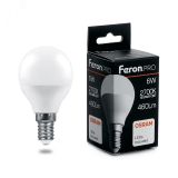 Лампа светодиодная LED 6вт Е14 теплый матовый шар Feron.PRO 38065 FERON