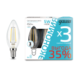 Лампа светодиодная LED 5Вт E14 4100К Filament Свеча(3 лампы в уп) Gauss 103801205T GAUSS