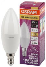 Лампа светодиодная LED Antibacterial Свеча 7,5Вт (замена 75 Вт), 806Лм, 2700 К, цоколь E14 OSRAM 4058075561250 LEDVANCE