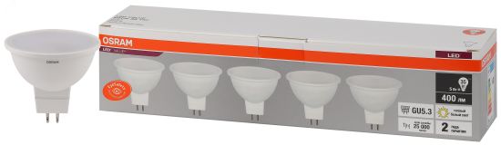 Лампа светодиодная LED 5 Вт GU5.3 3000К 400Лм спот 220 В (замена 35Вт) OSRAM упаковка 5 шт 4058075585195 LEDVANCE