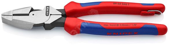 Плоскогубцы электромонтера Linemans Pliers резка - проволока средней твердости 46мм твердая проволока 3мм L=240мм двухкомпонентные рукоятки крепление для страховки блистер цвет черный KN-0902240TBK KNIPEX