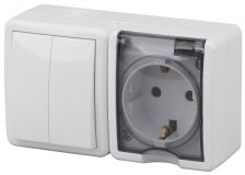 Блок розетка+выключатель двойной IP54, 16A(10AX)-250В, ОУ, Эра Эксперт, белый, 11-7402-01 Б0020735 ЭРА