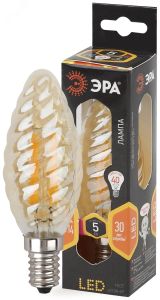 Лампа светодиодная филаментная F-LED BTW-5W-827-E14 gold (филамент, свеча витая золот., 5Вт, тепл, E14 (10/100/2800) Б0027941 ЭРА