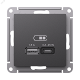 ATLASDESIGN USB РОЗЕТКА A + тип-C 45Вт высокоскор.заряд. QC, PD, механизм, БАЗАЛЬТ ATN001429 Systeme Electric
