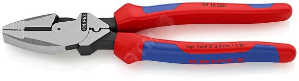 Linemans Pliers плоскогубцы электромонтёра с приспособлением для протяжки кабеля и обжима кабельных наконечников рез: проволока средней твёрдости 46 мм твёрдая проволока 3 мм L-240 мм чёрные 2-компонентные рукоятки KN-0912240 KNIPEX