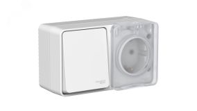 AtlasDesign PROFI IP54 блок открытого монтажа: розетка с заземлением со шторками 16А, выключатель 1-клав.10А, серый ATN543070 Systeme Electric