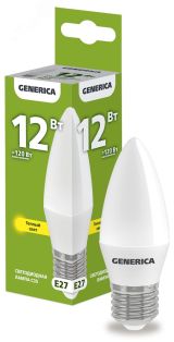 Лампа светодиодная C35 свеча 12Вт 230В 3000К E27 GENERICA LL-C35-12-230-30-E27-G IEK