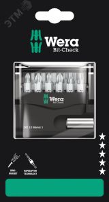 Набор бит с битодержателем Bit-Check 12 Metal 1 SB для работ по металлу 12 предметов с держателем-еврослот для подвеса комплектация: 1x 899/4/1 Универсальный держатель 1/4 x 50 мм 2x 851/1 Z Насадки: PH 1x25 PH 2x25 2x 855/1 Z Насадки: PZ 1x25 P WE-136393