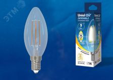 Лампа светодиодная LED-C35-9W/3000K/E14/CL/DIM GLA01TR диммируемая. Форма ''свеча'', прозрачная. Air. Теплый (3000K). Картон. UL-00005185 Uniel
