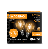 Лампа светодиодная LED 5вт 230в Е14 FILAMENT теплый матовая шар ПРОМО (2 лампы в упаковке) 105801105P GAUSS